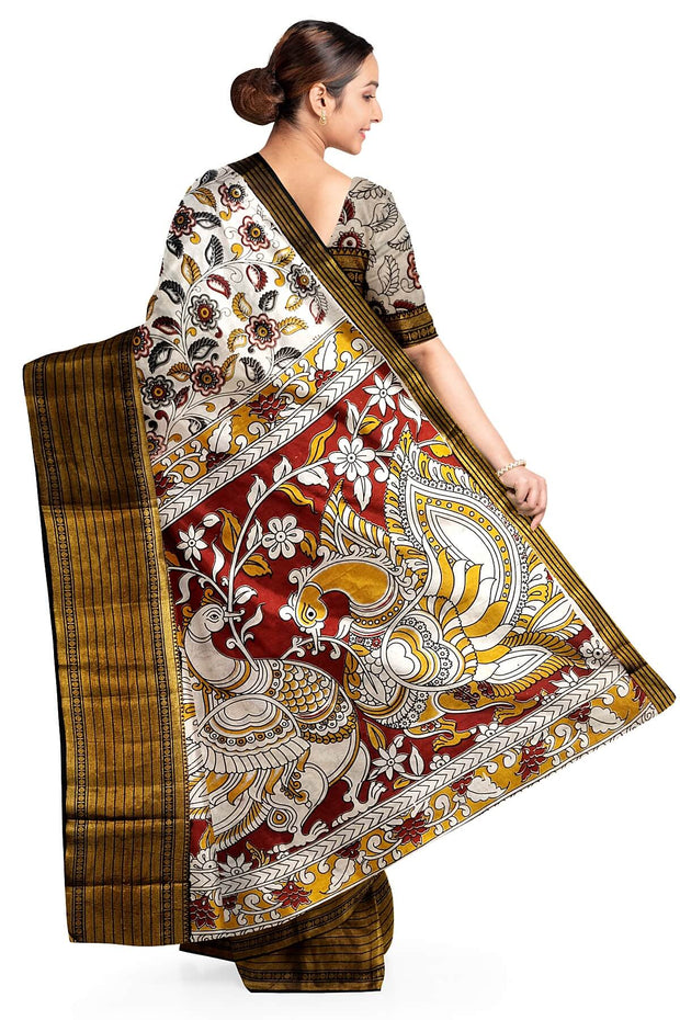 Mangalgiri silk cotton saree in off white  in kalamkari print