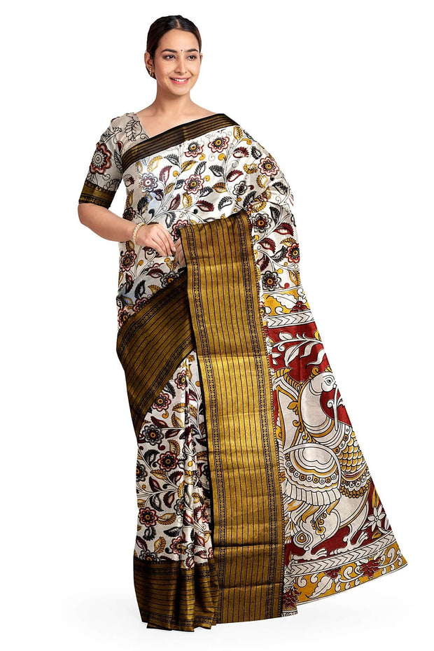 Mangalgiri silk cotton saree in off white  in kalamkari print