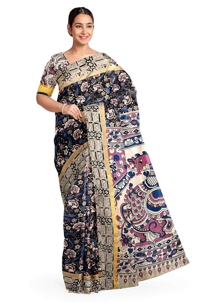 Mangalgiri silk cotton saree in black  in kalamkari print with  small  border