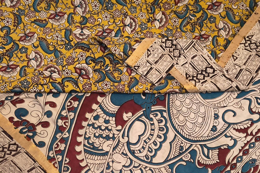 Mangalgiri silk cotton saree in yellow  in kalamkari print