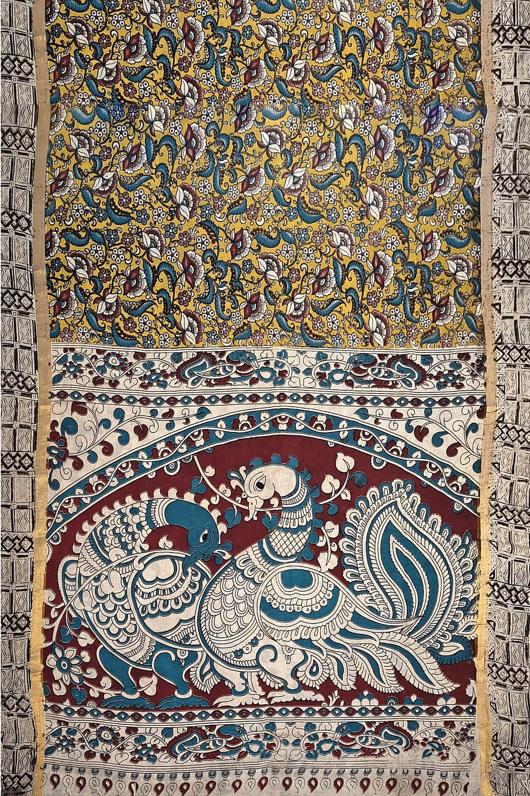 Mangalgiri silk cotton saree in yellow  in kalamkari print