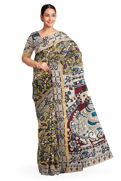 Mangalgiri silk cotton saree in yellow  in kalamkari print