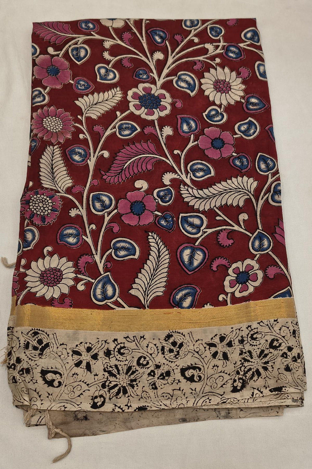 Mangalgiri silk cotton saree in maroon  in kalamkari print