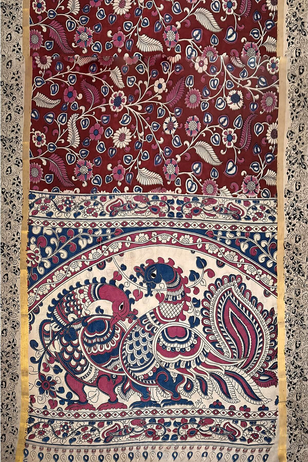 Mangalgiri silk cotton saree in maroon  in kalamkari print