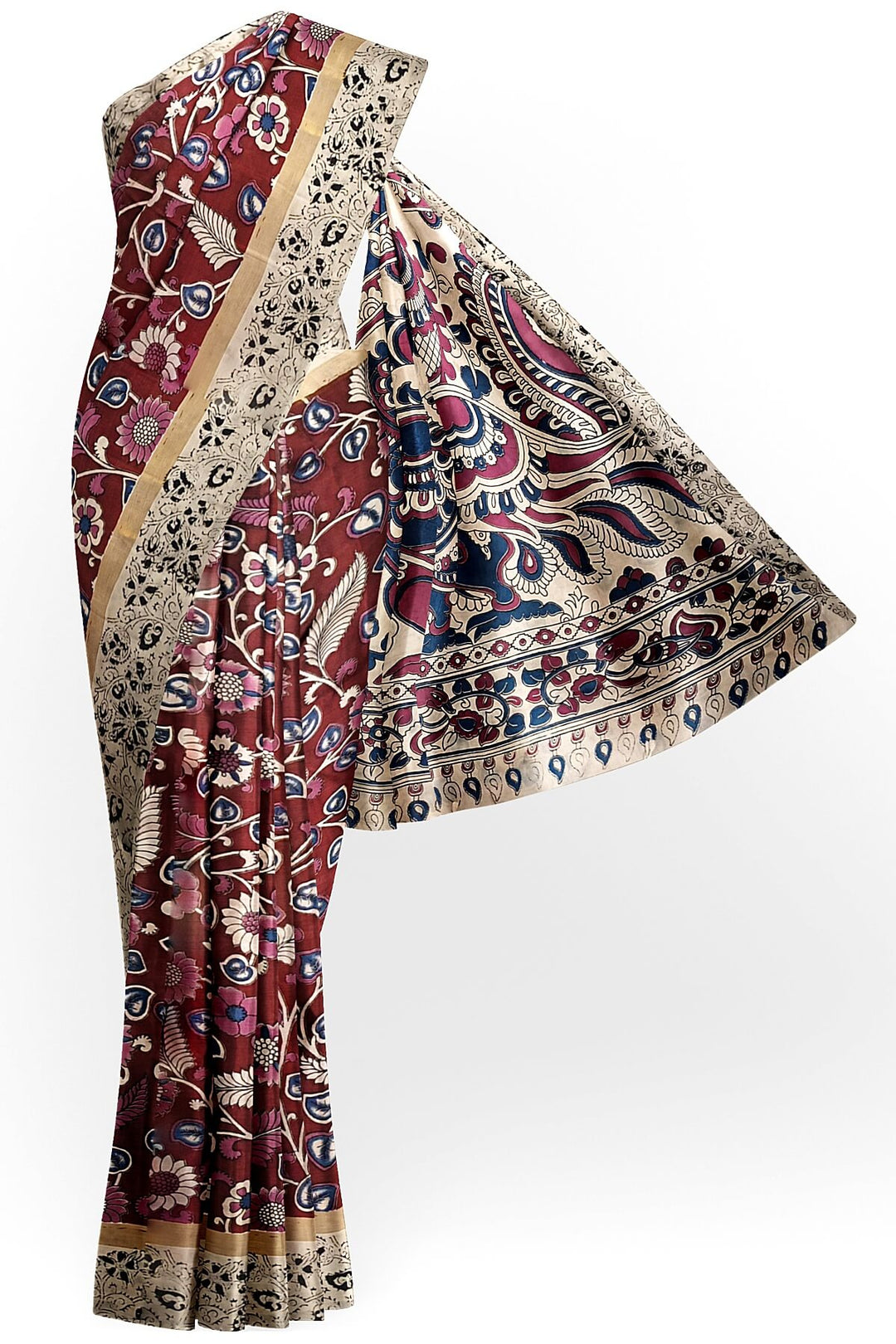 Mangalgiri silk cotton saree in maroon  in kalamkari print