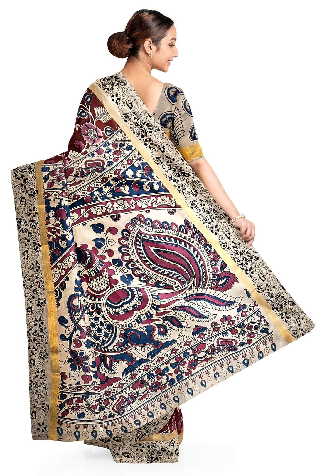 Mangalgiri silk cotton saree in maroon  in kalamkari print