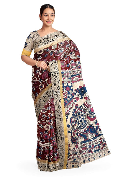 Mangalgiri silk cotton saree in maroon  in kalamkari print
