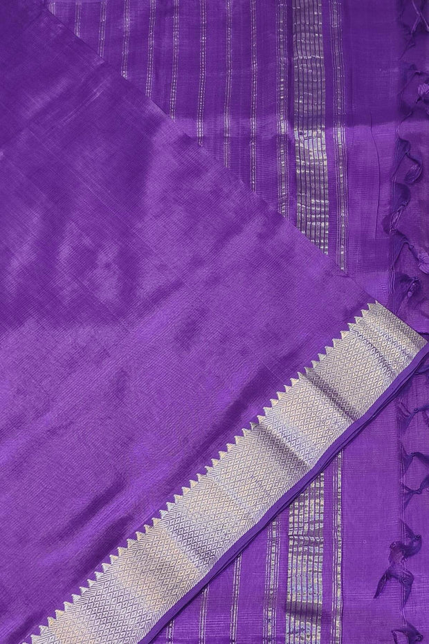 Mangalgiri silk cotton saree in violet with 4" silver border.
