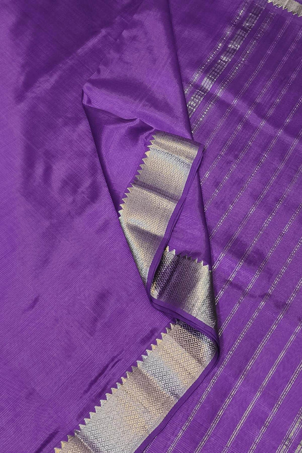 Mangalgiri silk cotton saree in violet with 4" silver border.