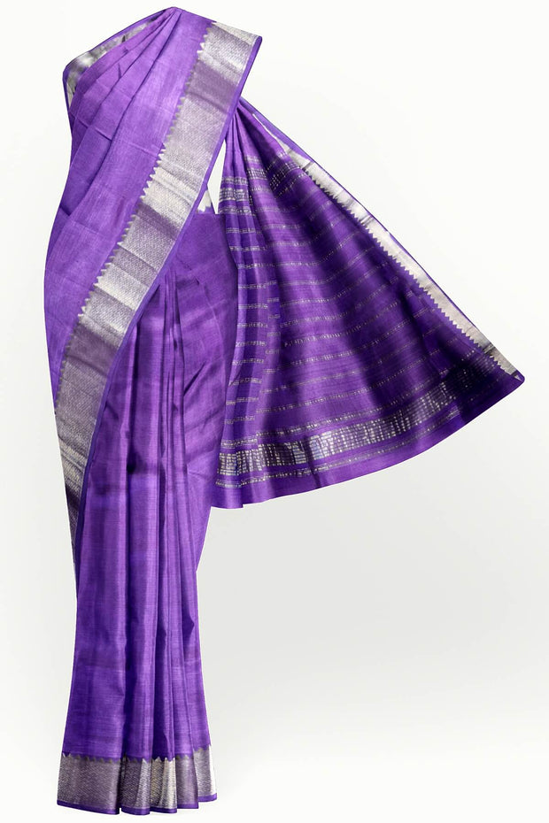 Mangalgiri silk cotton saree in violet with 4" silver border.