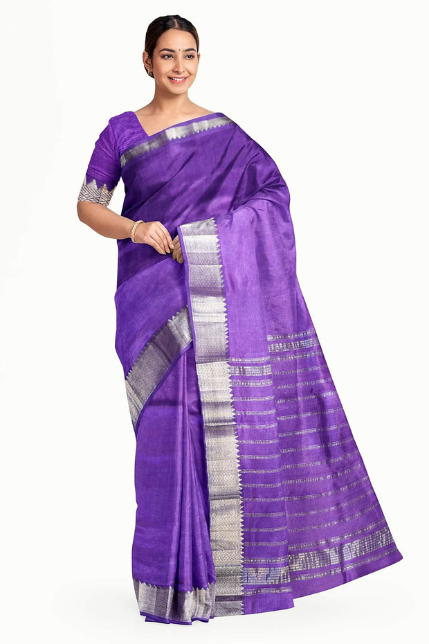 Mangalgiri silk cotton saree in violet with 4" silver border.