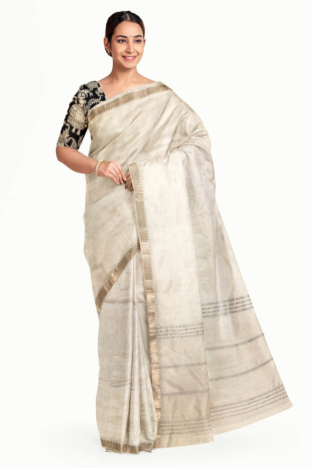 Mangalgiri silk cotton saree in  white with silver border