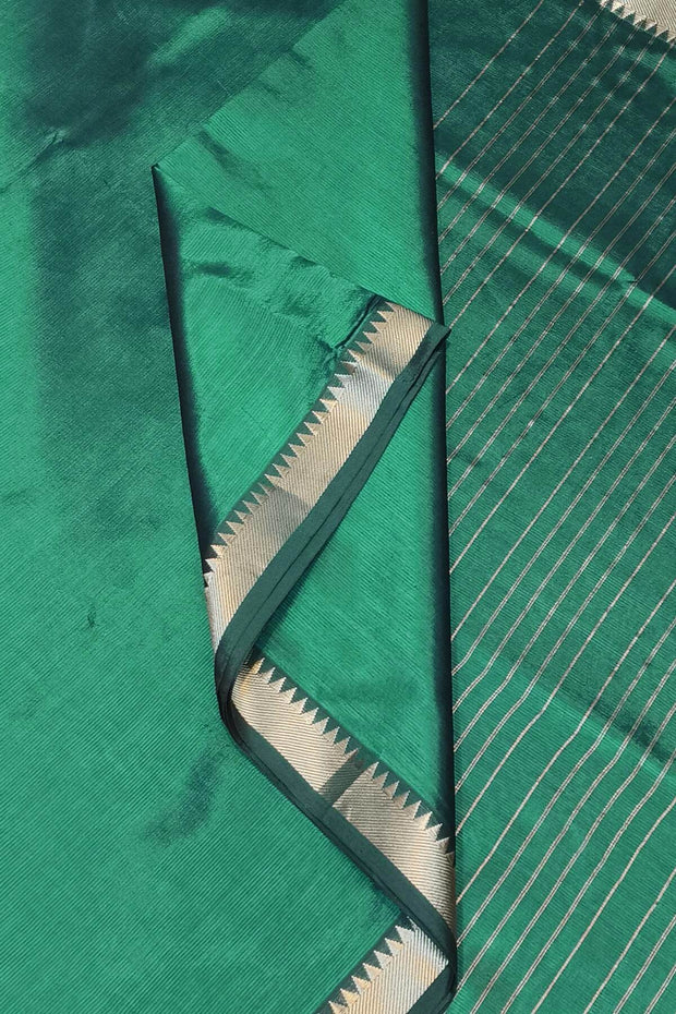 Mangalgiri silk cotton saree in  peacock green with silver border