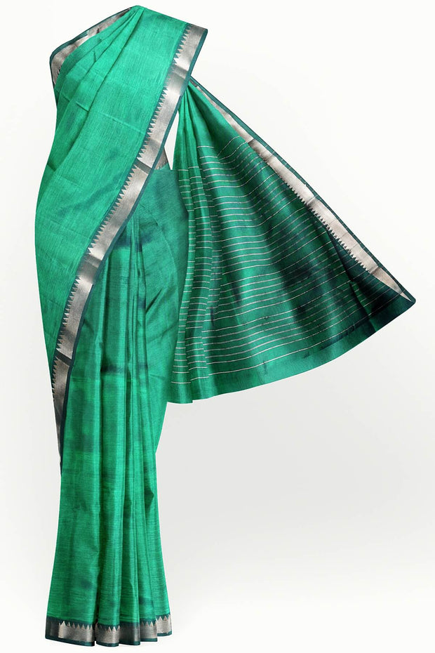 Mangalgiri silk cotton saree in  peacock green with silver border