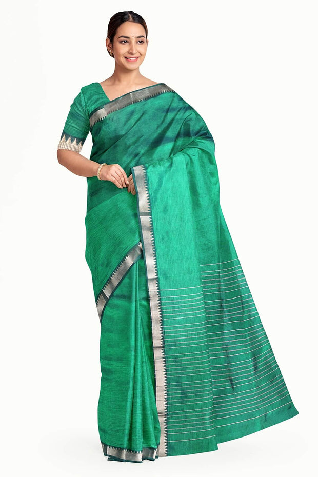 Mangalgiri silk cotton saree in  peacock green with silver border