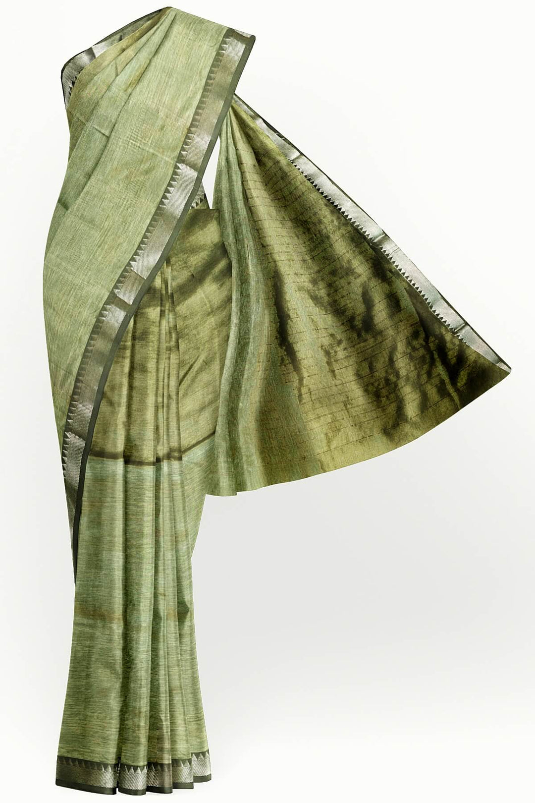 Mangalgiri silk cotton saree in sage green with silver border