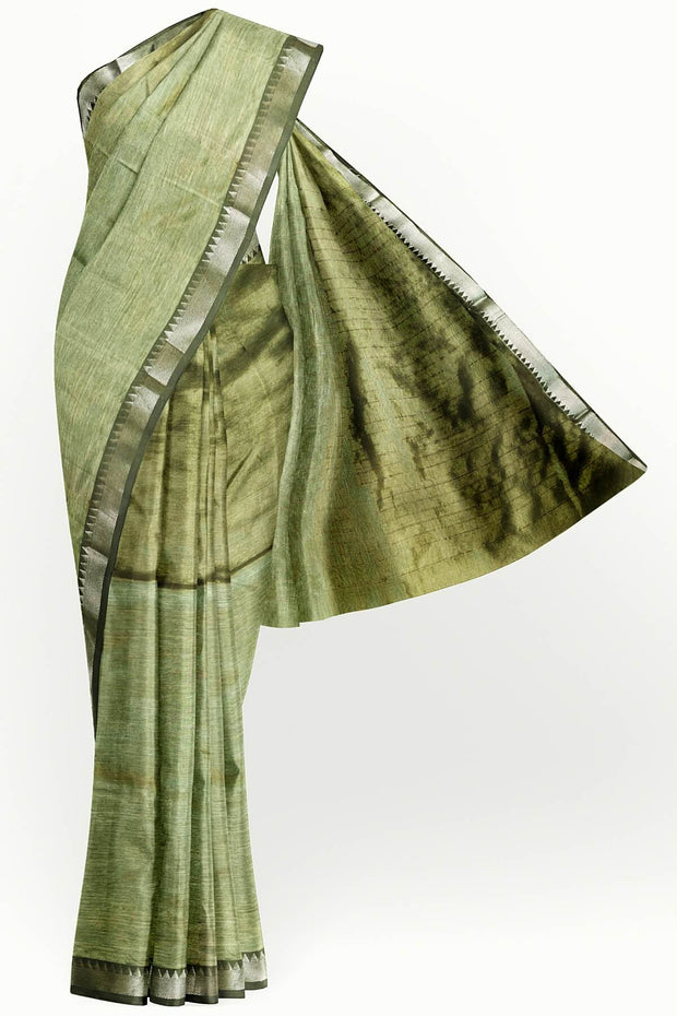 Mangalgiri silk cotton saree in sage green with silver border