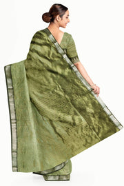 Mangalgiri silk cotton saree in sage green with silver border