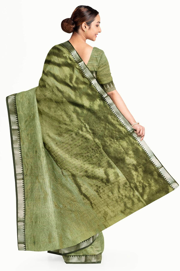 Mangalgiri silk cotton saree in sage green with silver border