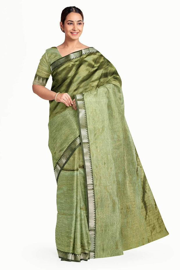 Mangalgiri silk cotton saree in sage green with silver border