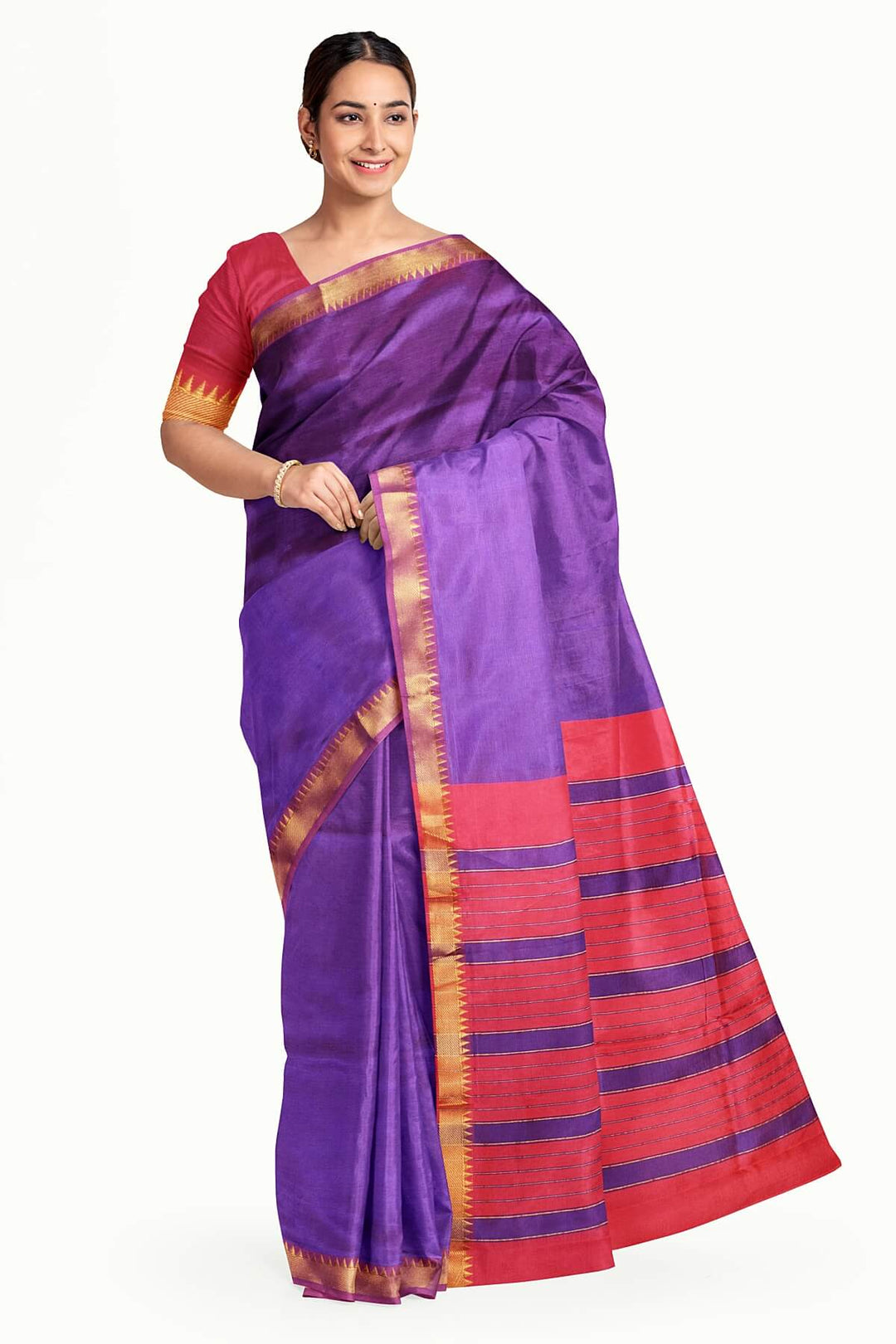 Mangalgiri silk cotton saree in purple with silver border