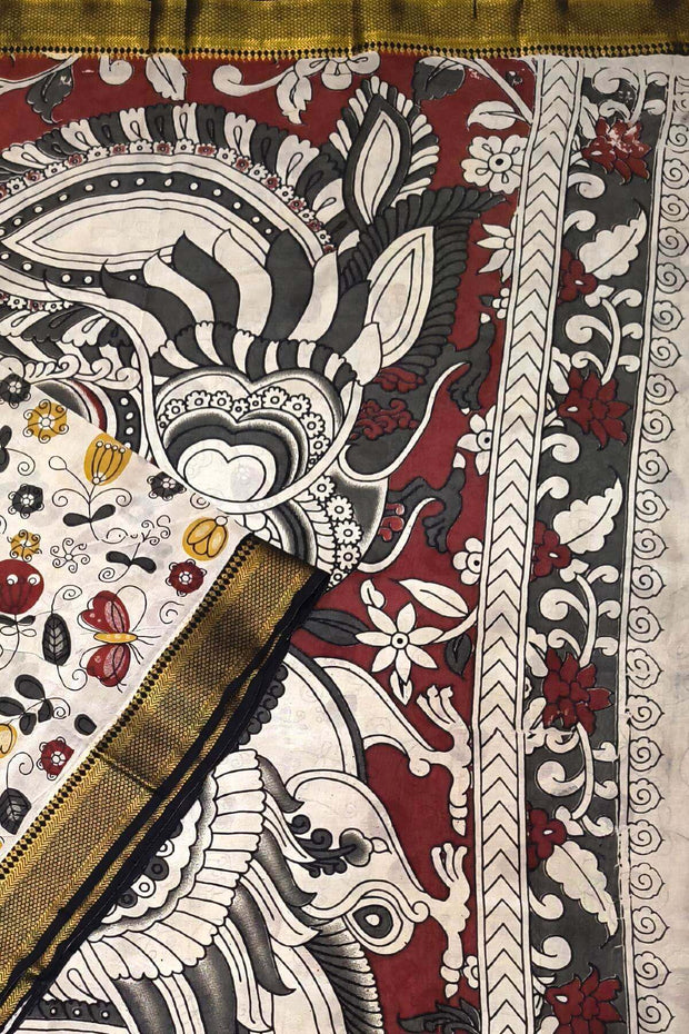 Mangalgiri silk cotton saree in off white in kalamkari print