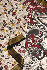 Mangalgiri silk cotton saree in off white in kalamkari print