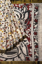 Mangalgiri silk cotton saree in off white in kalamkari print