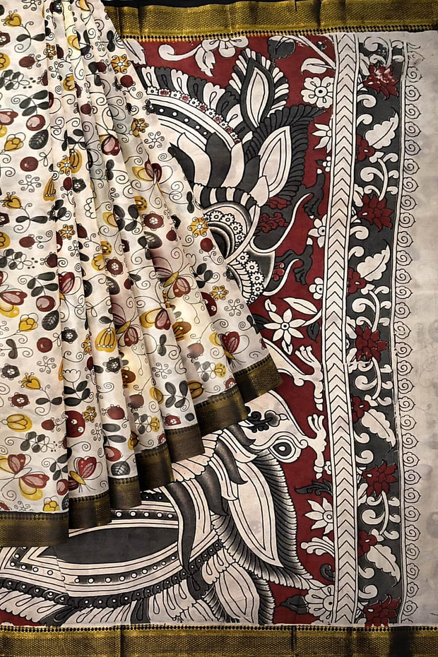 Mangalgiri silk cotton saree in off white in kalamkari print