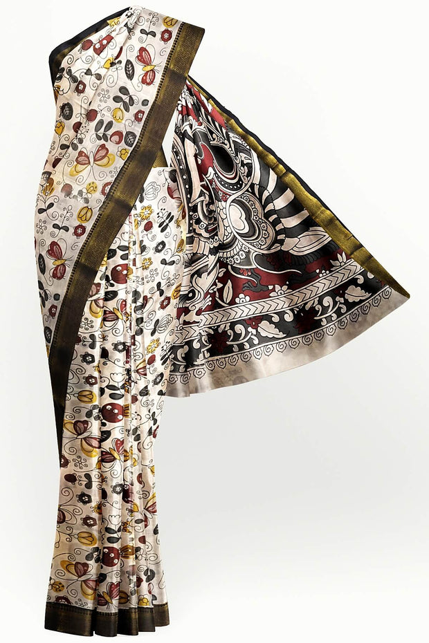Mangalgiri silk cotton saree in off white in kalamkari print