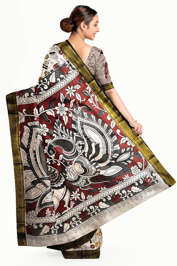 Mangalgiri silk cotton saree in off white in kalamkari print