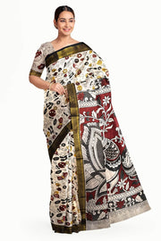 Mangalgiri silk cotton saree in off white in kalamkari print