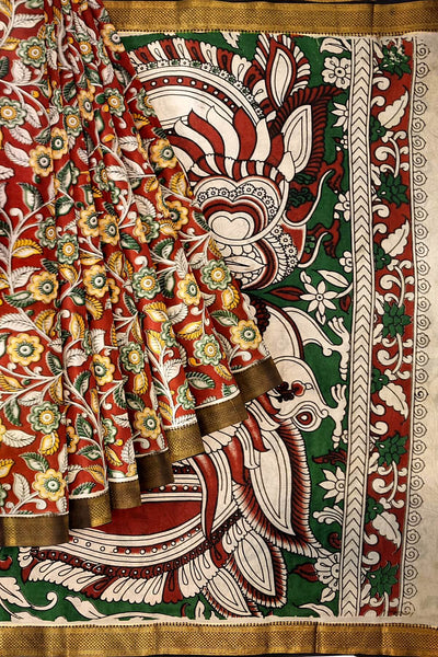 Mangalgiri silk cotton saree in maroon in kalamkari print