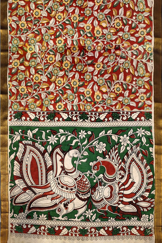 Mangalgiri silk cotton saree in maroon in kalamkari print