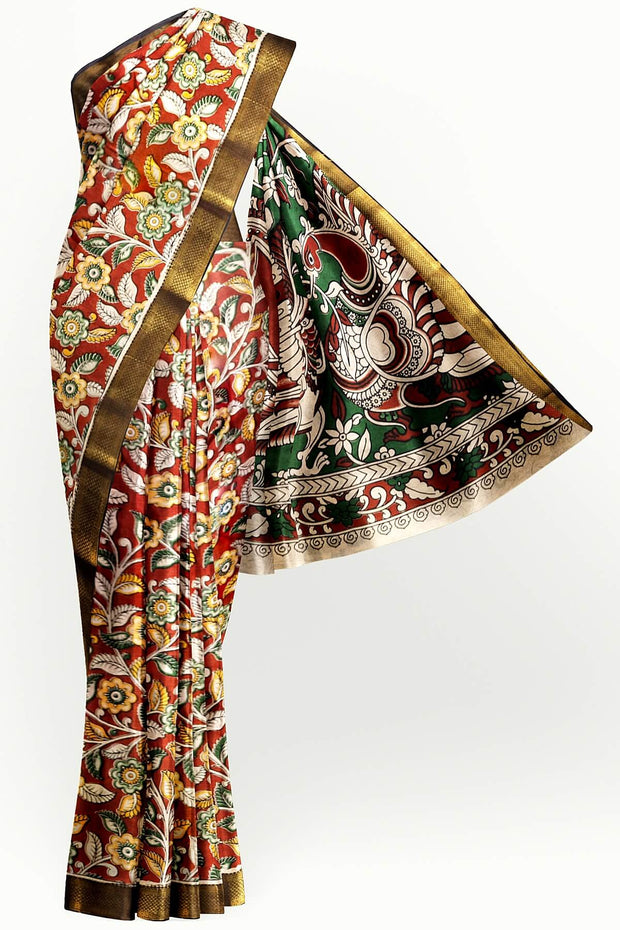 Mangalgiri silk cotton saree in maroon in kalamkari print