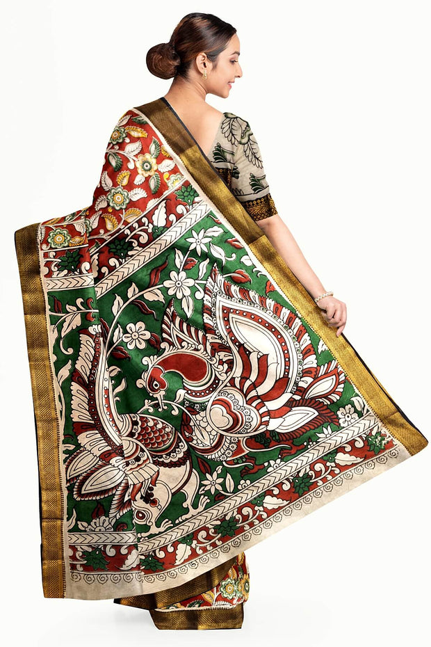 Mangalgiri silk cotton saree in maroon in kalamkari print