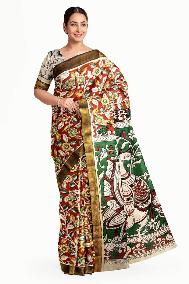 Mangalgiri silk cotton saree in maroon in kalamkari print