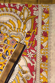 Mangalgiri silk cotton saree in  mustard in kalamkari print