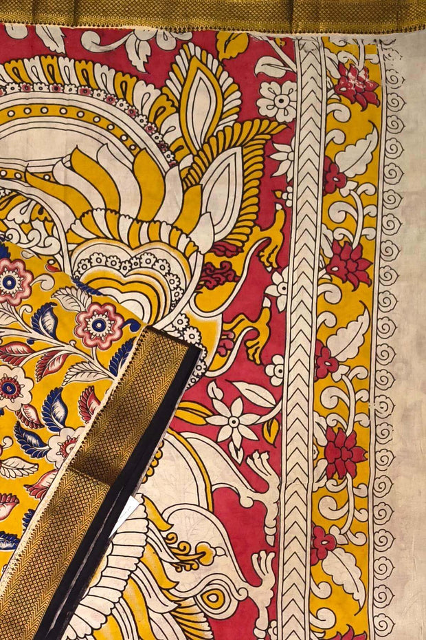 Mangalgiri silk cotton saree in  mustard in kalamkari print