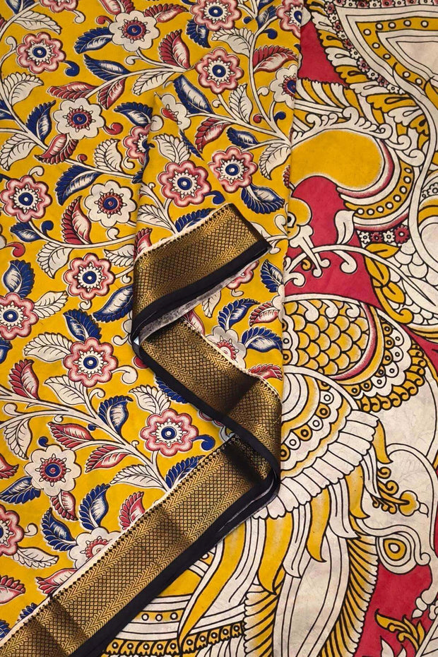 Mangalgiri silk cotton saree in  mustard in kalamkari print