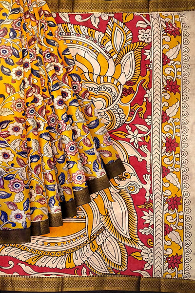 Mangalgiri silk cotton saree in  mustard in kalamkari print