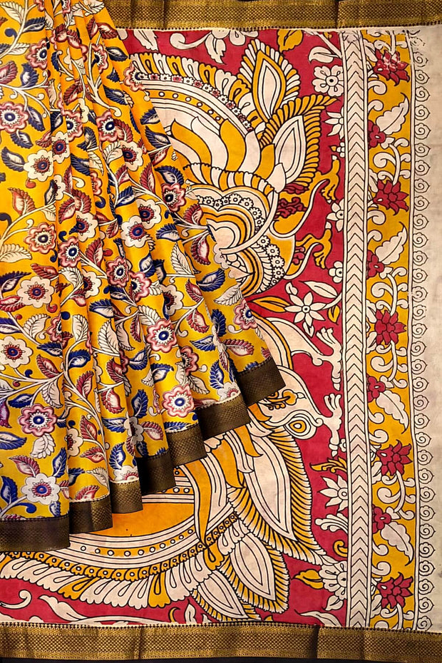 Mangalgiri silk cotton saree in  mustard in kalamkari print