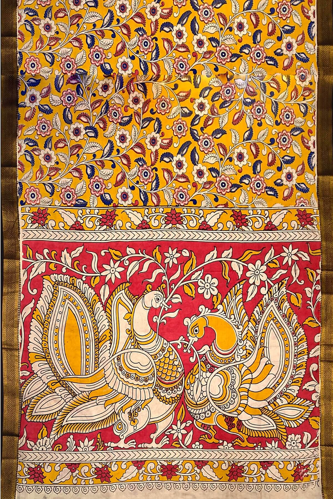 Mangalgiri silk cotton saree in  mustard in kalamkari print
