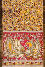 Mangalgiri silk cotton saree in  mustard in kalamkari print