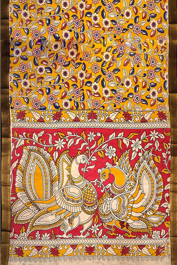 Mangalgiri silk cotton saree in  mustard in kalamkari print