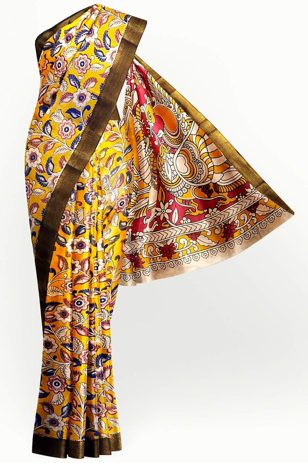 Mangalgiri silk cotton saree in  mustard in kalamkari print
