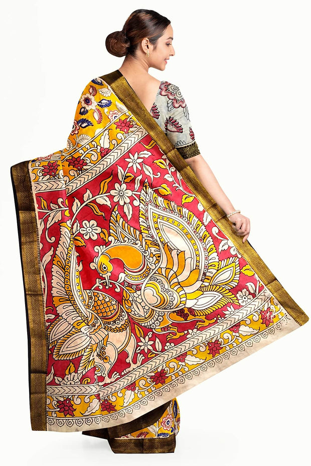 Mangalgiri silk cotton saree in  mustard in kalamkari print