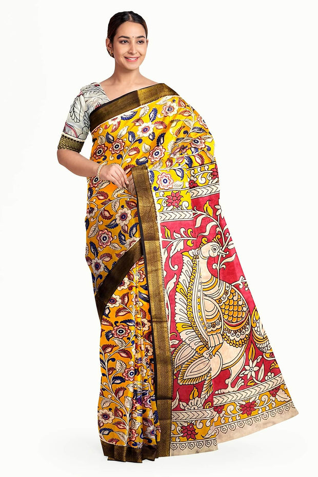 Mangalgiri silk cotton saree in  mustard in kalamkari print
