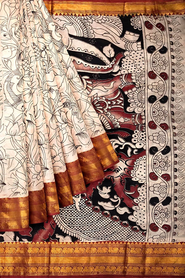 Mangalgiri silk cotton saree in  off white  in kalamkari print