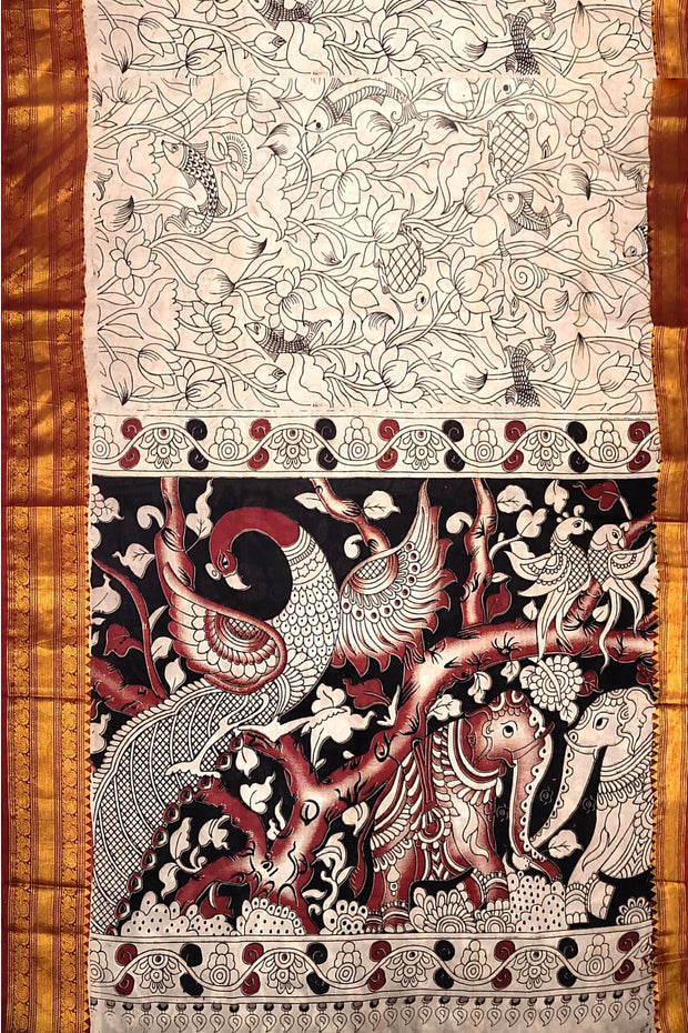 Mangalgiri silk cotton saree in  off white  in kalamkari print